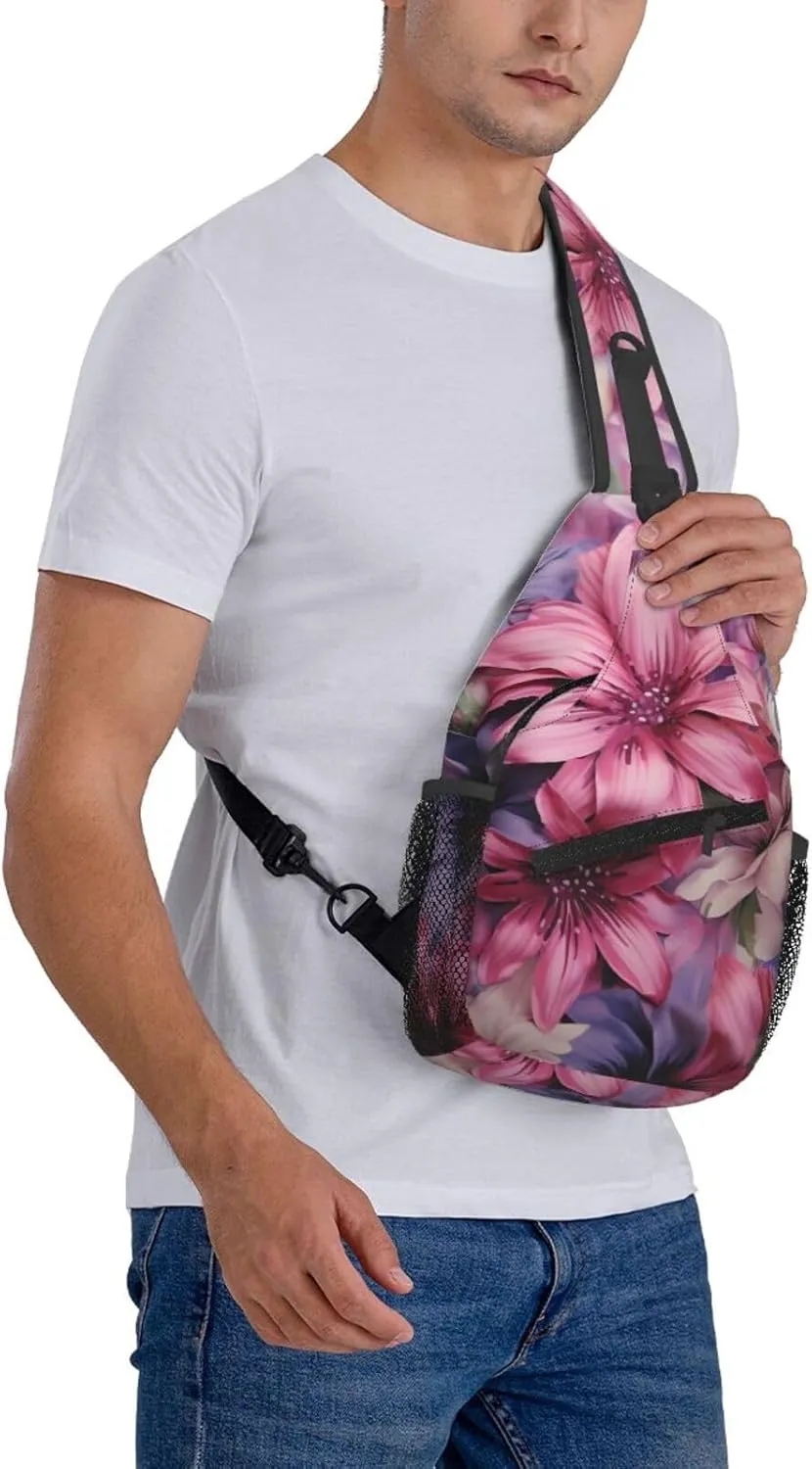 Sling Bag for Women Men Crossbody Bag Sling Backpack Purple and pink flowers Cross Body Bag Adjustable Chest Bag