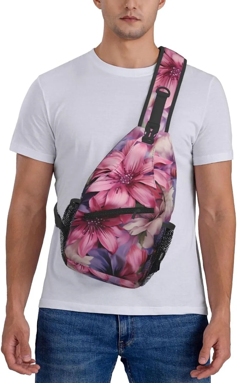 Sling Bag for Women Men Crossbody Bag Sling Backpack Purple and pink flowers Cross Body Bag Adjustable Chest Bag