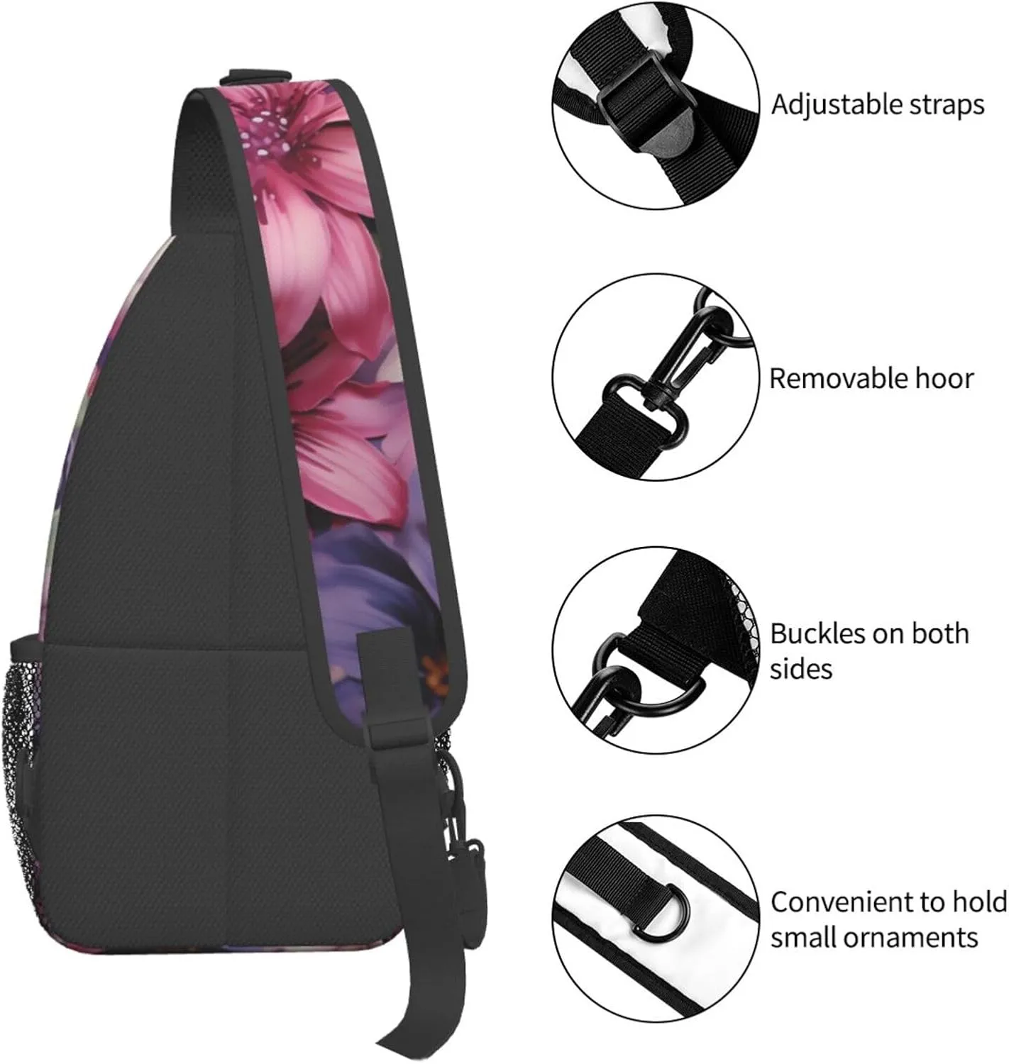 Sling Bag for Women Men Crossbody Bag Sling Backpack Purple and pink flowers Cross Body Bag Adjustable Chest Bag