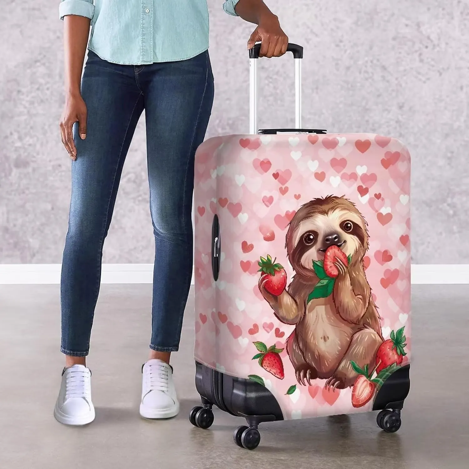 Sloth And Strawberry Travel Luggage Cover Washable Suitcase Protector Anti-Scratch Suitcase Cover Fits 18-32 Inch Luggage Protectors for Travel Luggage Large Luggage Cover Protector-L