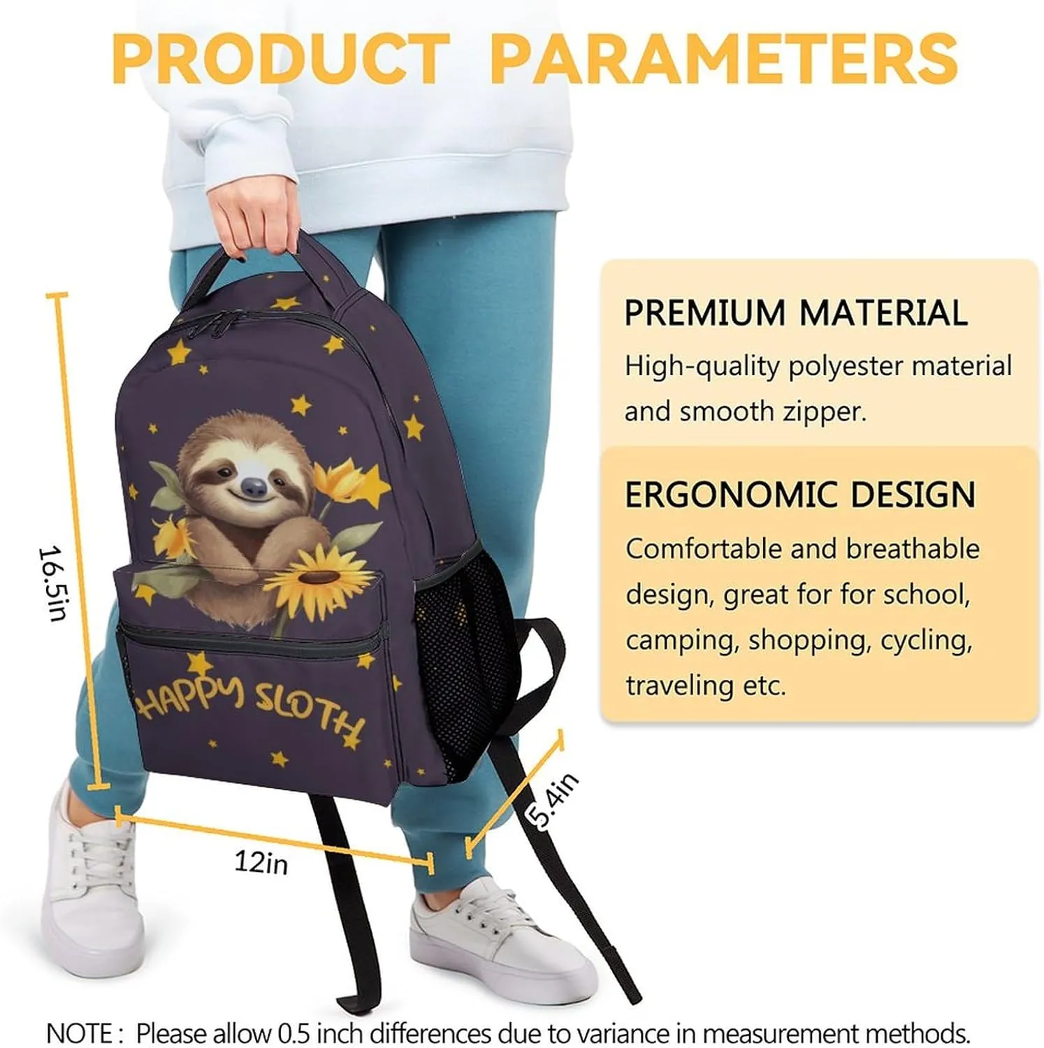 Sloth Backpack for Girls, 16 Inch Brown Backpacks for School, Cute Lightweight Bookbag for Kids