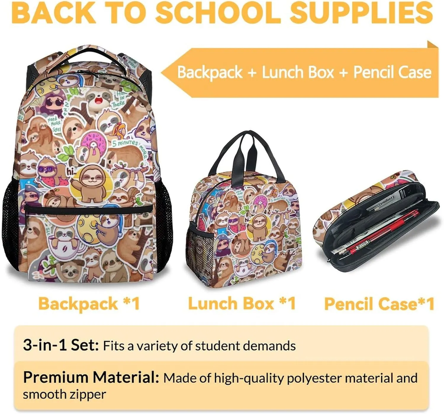 Sloth Backpack with Lunch Box, Set of 3 School Backpacks Matching Combo, Cute Bookbag and Pencil Case Bundle