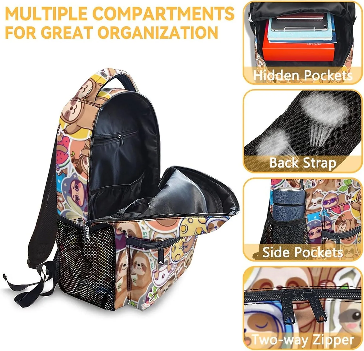 Sloth Backpack with Lunch Box, Set of 3 School Backpacks Matching Combo, Cute Bookbag and Pencil Case Bundle