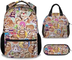 Sloth Backpack with Lunch Box, Set of 3 School Backpacks Matching Combo, Cute Bookbag and Pencil Case Bundle