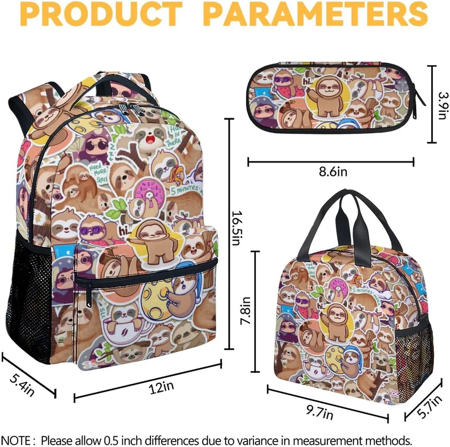Sloth Backpack with Lunch Box, Set of 3 School Backpacks Matching Combo, Cute Bookbag and Pencil Case Bundle