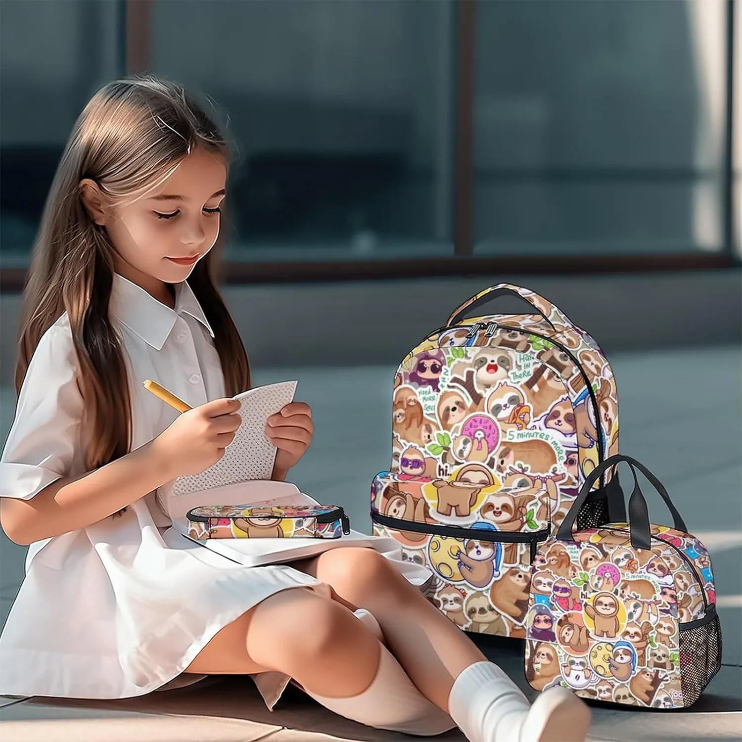 Sloth Backpack with Lunch Box, Set of 3 School Backpacks Matching Combo, Cute Bookbag and Pencil Case Bundle