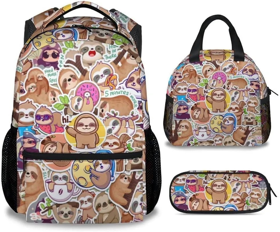 Sloth Backpack with Lunch Box, Set of 3 School Backpacks Matching Combo, Cute Bookbag and Pencil Case Bundle