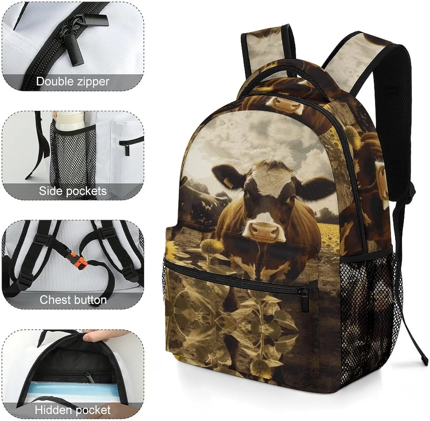 Small Backpacks Personalized 3D Animal Brown Cow Printing Travel Bag Lightweight Travel Backpack For Women Men