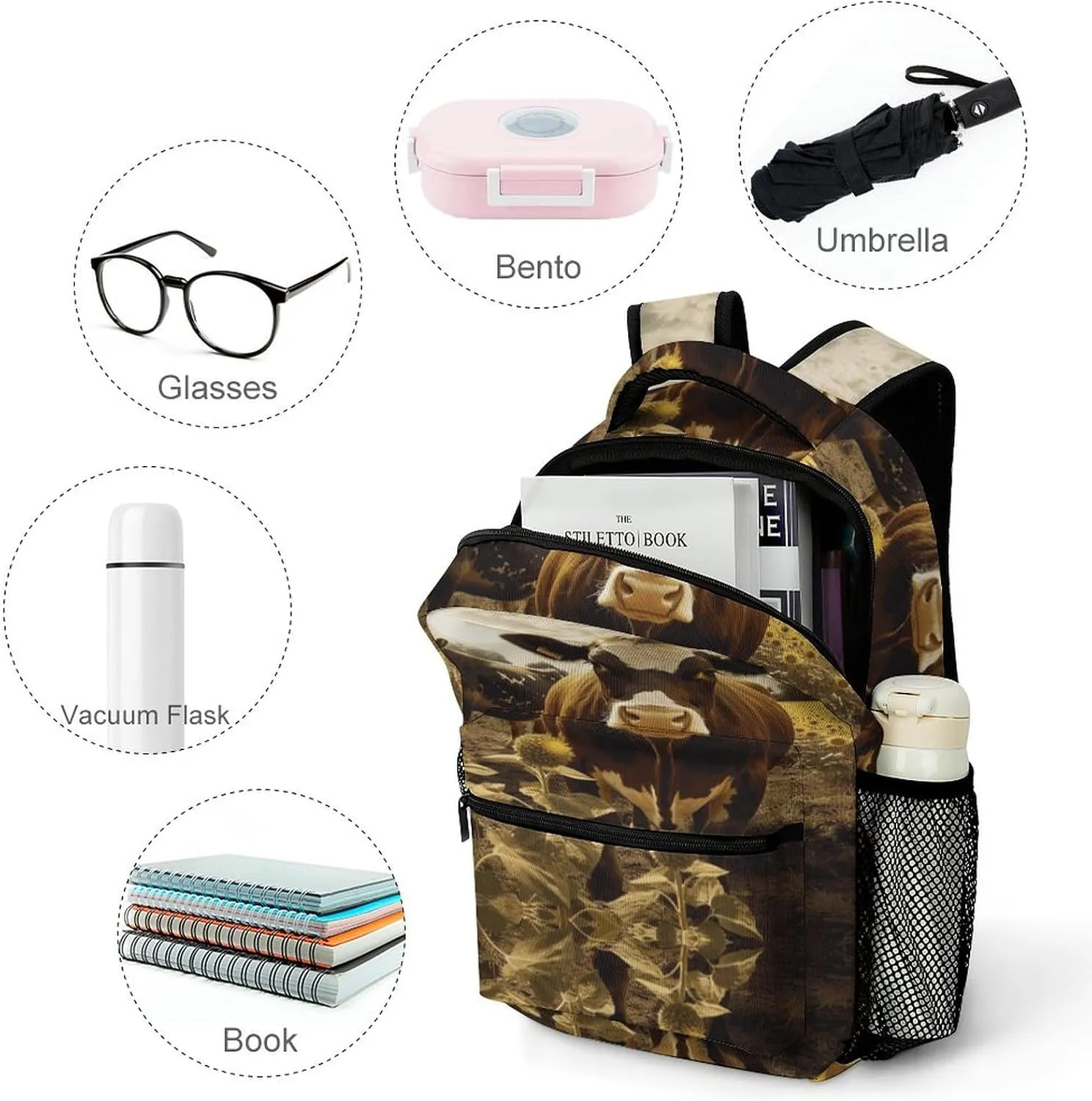 Small Backpacks Personalized 3D Animal Brown Cow Printing Travel Bag Lightweight Travel Backpack For Women Men