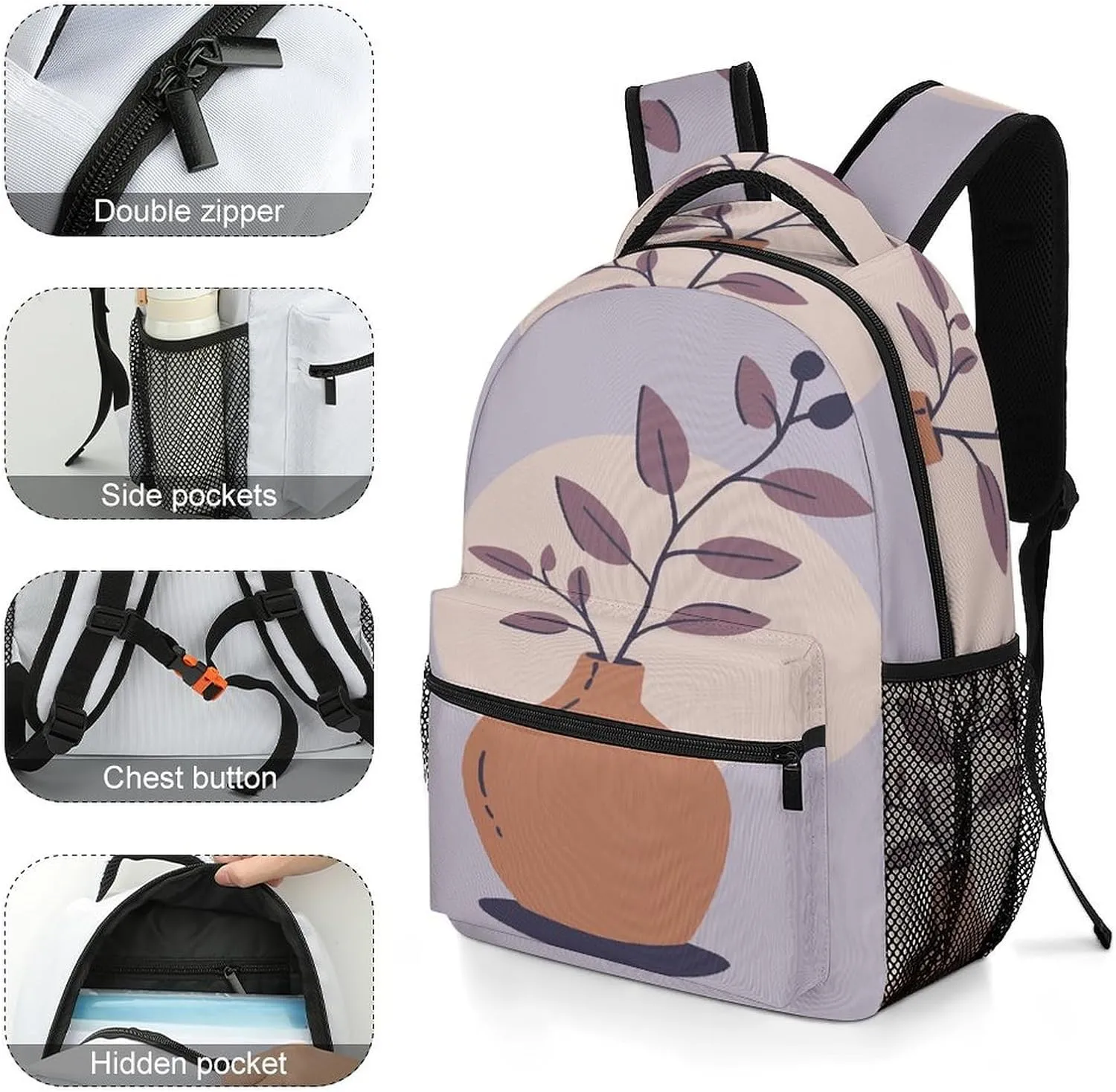 Small Backpacks Personalized A Brown Vase Printing Travel Bag Lightweight Travel Backpack For Women Men