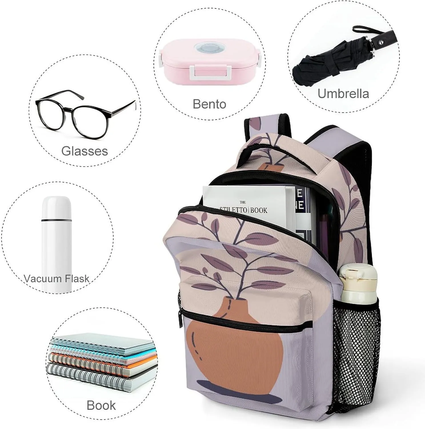 Small Backpacks Personalized A Brown Vase Printing Travel Bag Lightweight Travel Backpack For Women Men