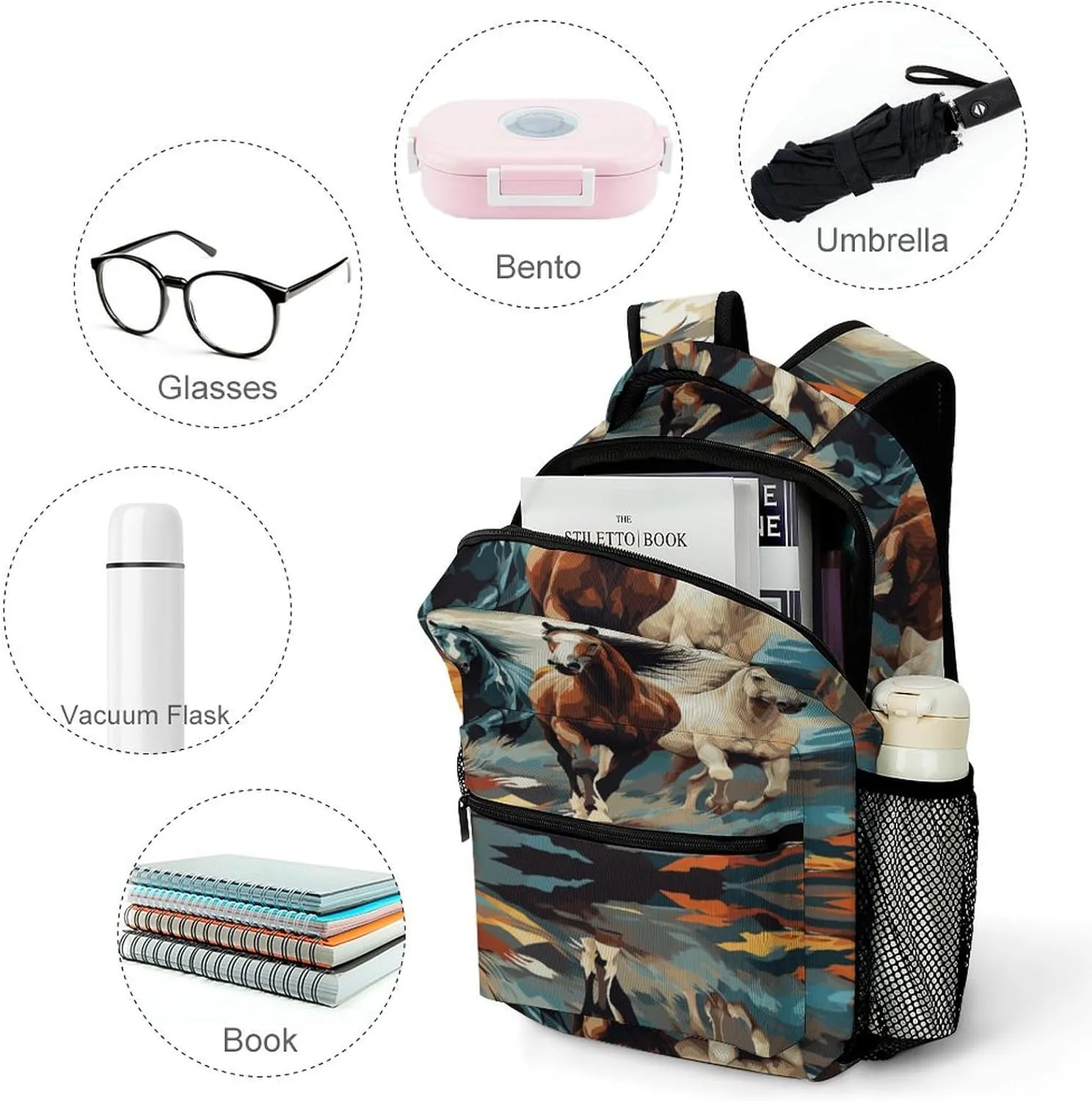 Small Backpacks Personalized A Pattern with Horses As A Background Printing Travel Bag Lightweight Travel Backpack For Women Men