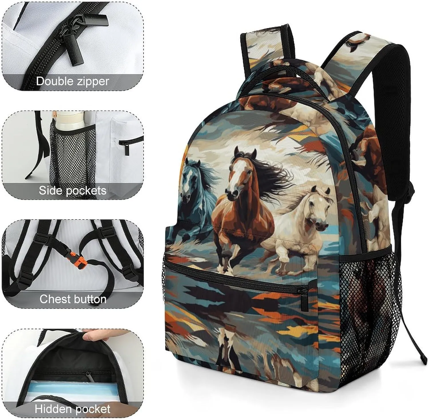 Small Backpacks Personalized A Pattern with Horses As A Background Printing Travel Bag Lightweight Travel Backpack For Women Men