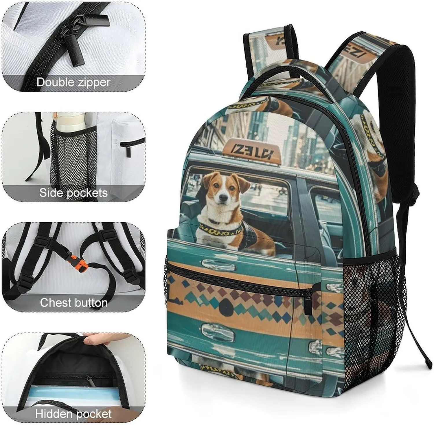 Small Backpacks Personalized A Taxi Dog Printing Travel Bag Lightweight Travel Backpack For Women Men
