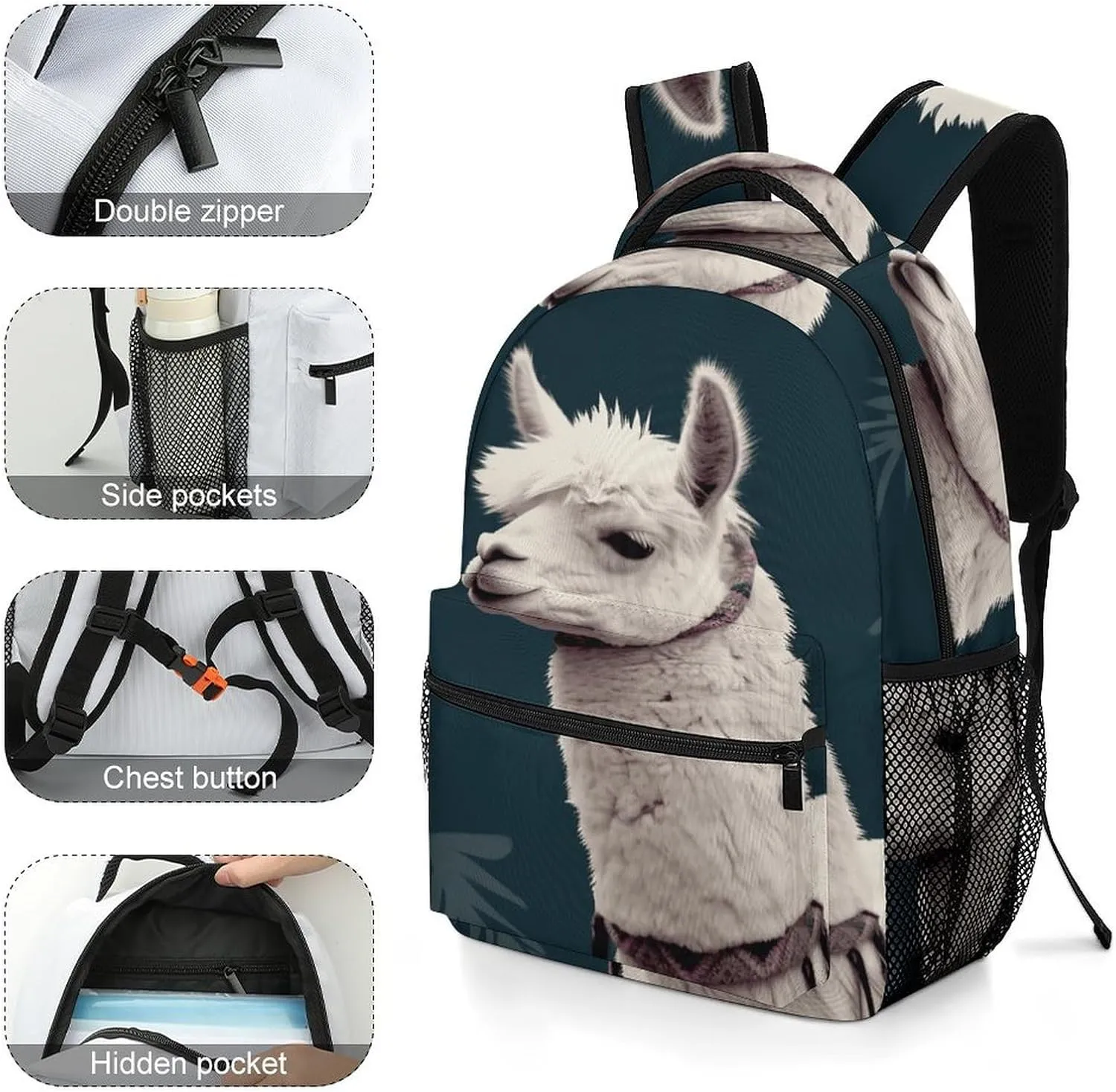 Small Backpacks Personalized A White Alpaca Printing Travel Bag Lightweight Travel Backpack For Women Men