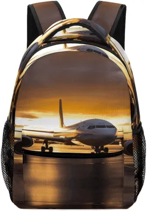 Small Backpacks Personalized Airplane in The Evening Light Printing Travel Bag Lightweight Travel Backpack For Women Men