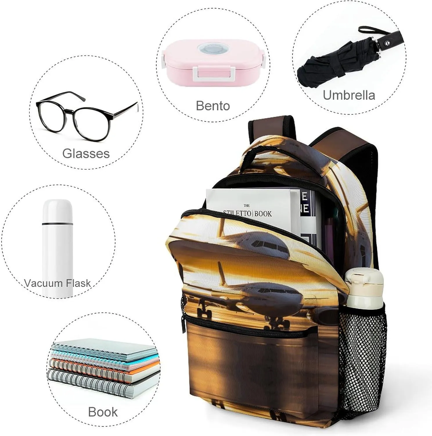 Small Backpacks Personalized Airplane in The Evening Light Printing Travel Bag Lightweight Travel Backpack For Women Men