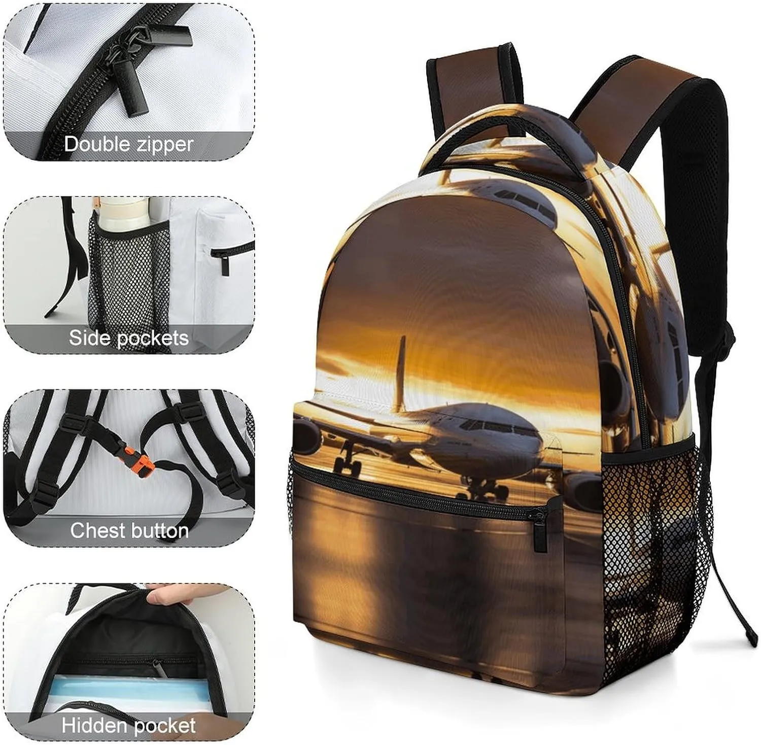 Small Backpacks Personalized Airplane in The Evening Light Printing Travel Bag Lightweight Travel Backpack For Women Men