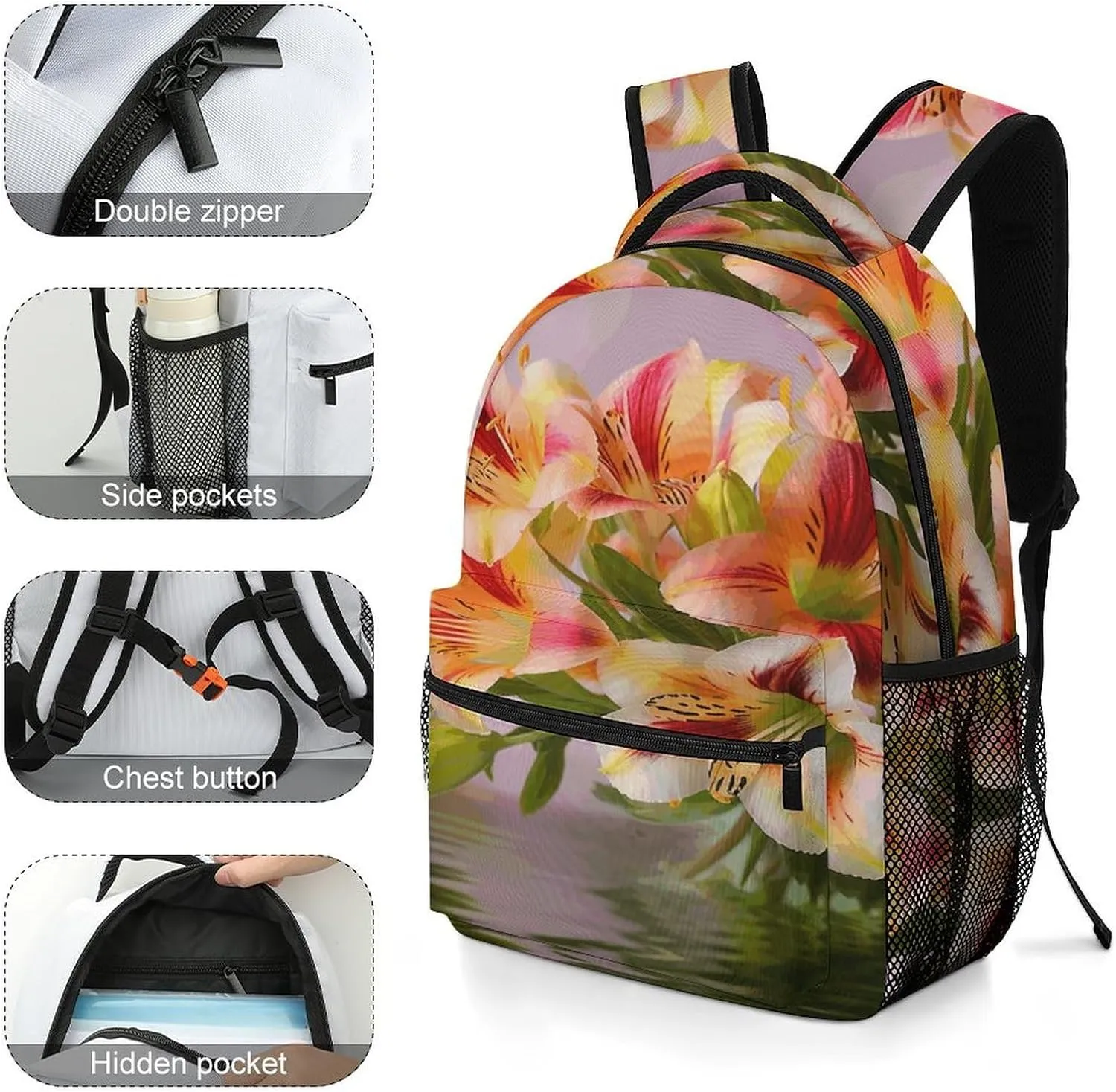 Small Backpacks Personalized Alstroemeria Printing Travel Bag Lightweight Travel Backpack For Women Men