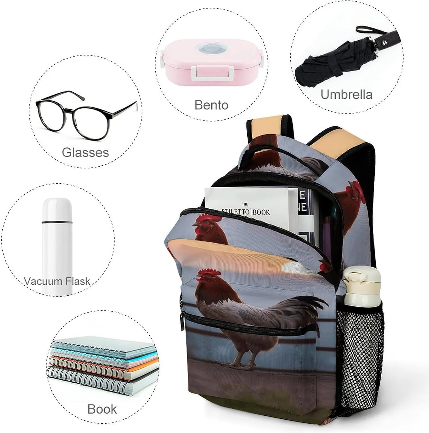 Small Backpacks Personalized Animal Chickens Printing Travel Bag Lightweight Travel Backpack For Women Men