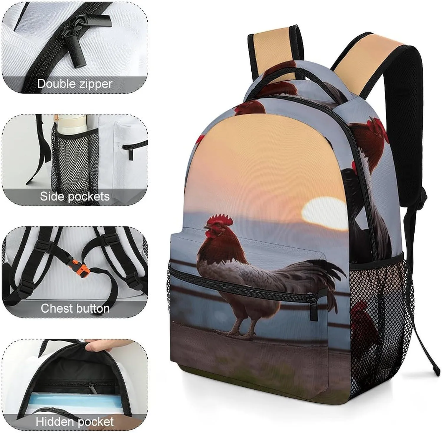 Small Backpacks Personalized Animal Chickens Printing Travel Bag Lightweight Travel Backpack For Women Men