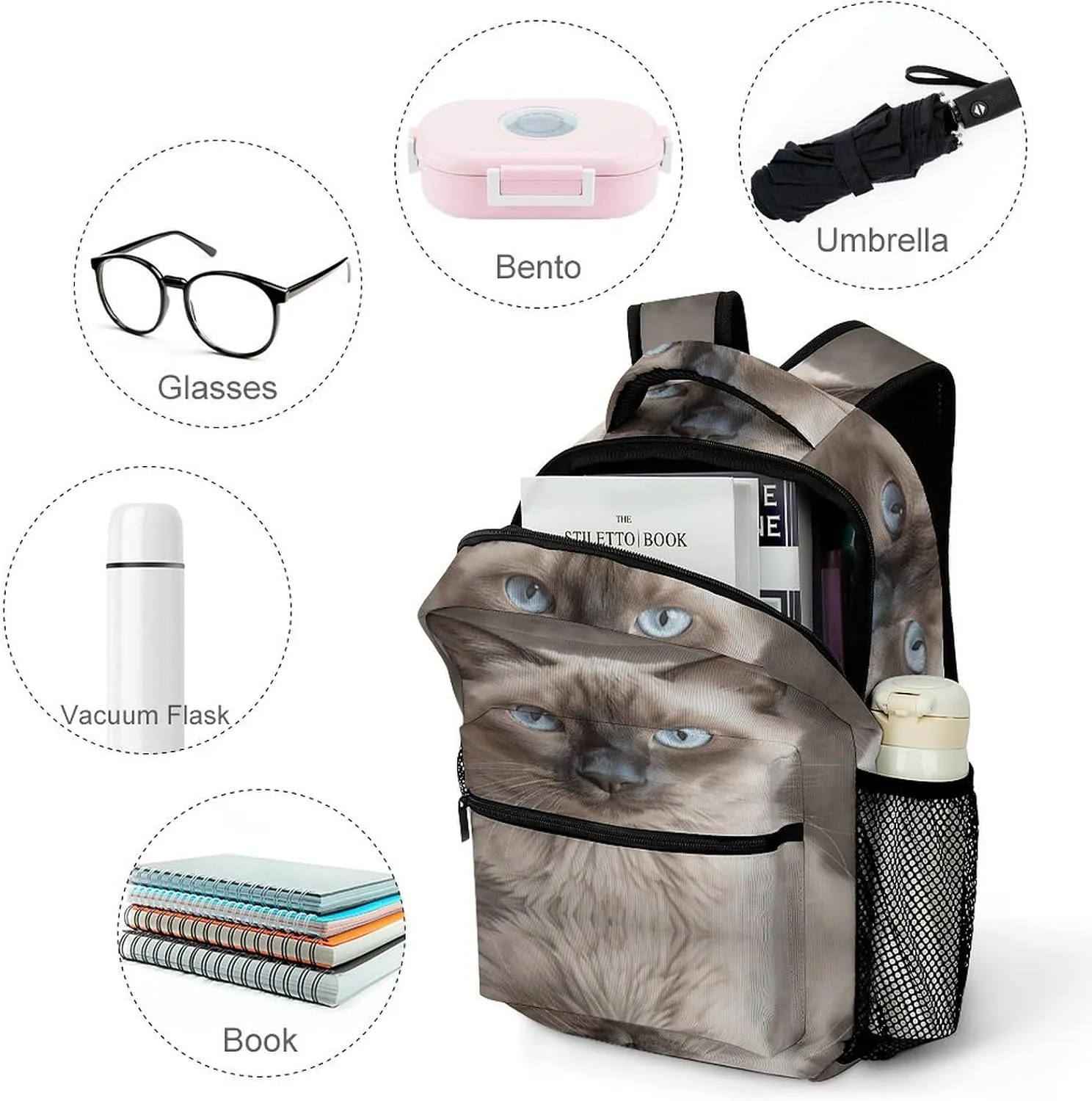 Small Backpacks Personalized Beautiful Siamese Close-up Printing Travel Bag Lightweight Travel Backpack For Women Men