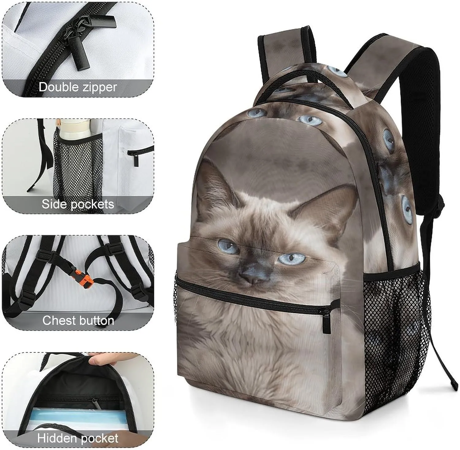 Small Backpacks Personalized Beautiful Siamese Close-up Printing Travel Bag Lightweight Travel Backpack For Women Men