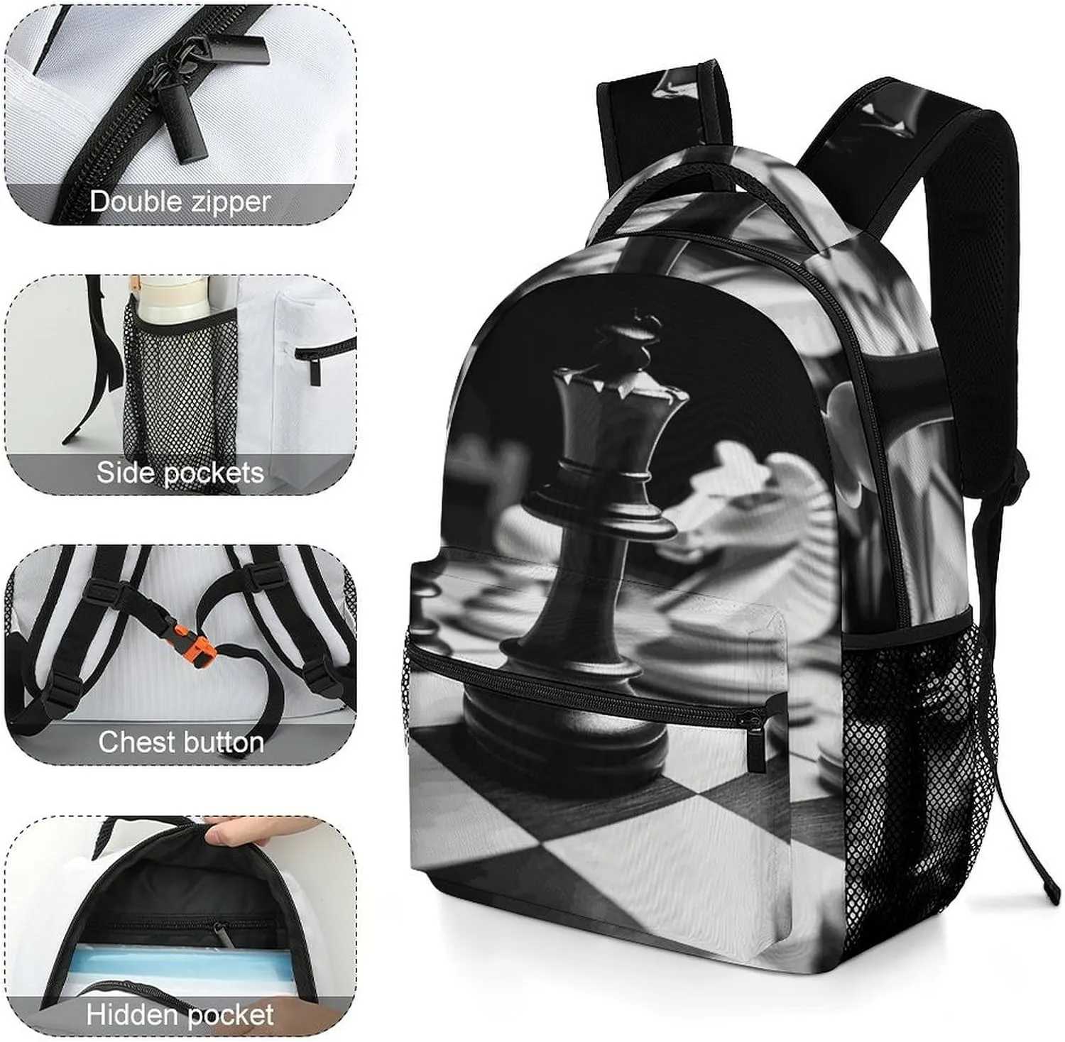 Small Backpacks Personalized Black And White Chess Printing Travel Bag Lightweight Travel Backpack For Women Men