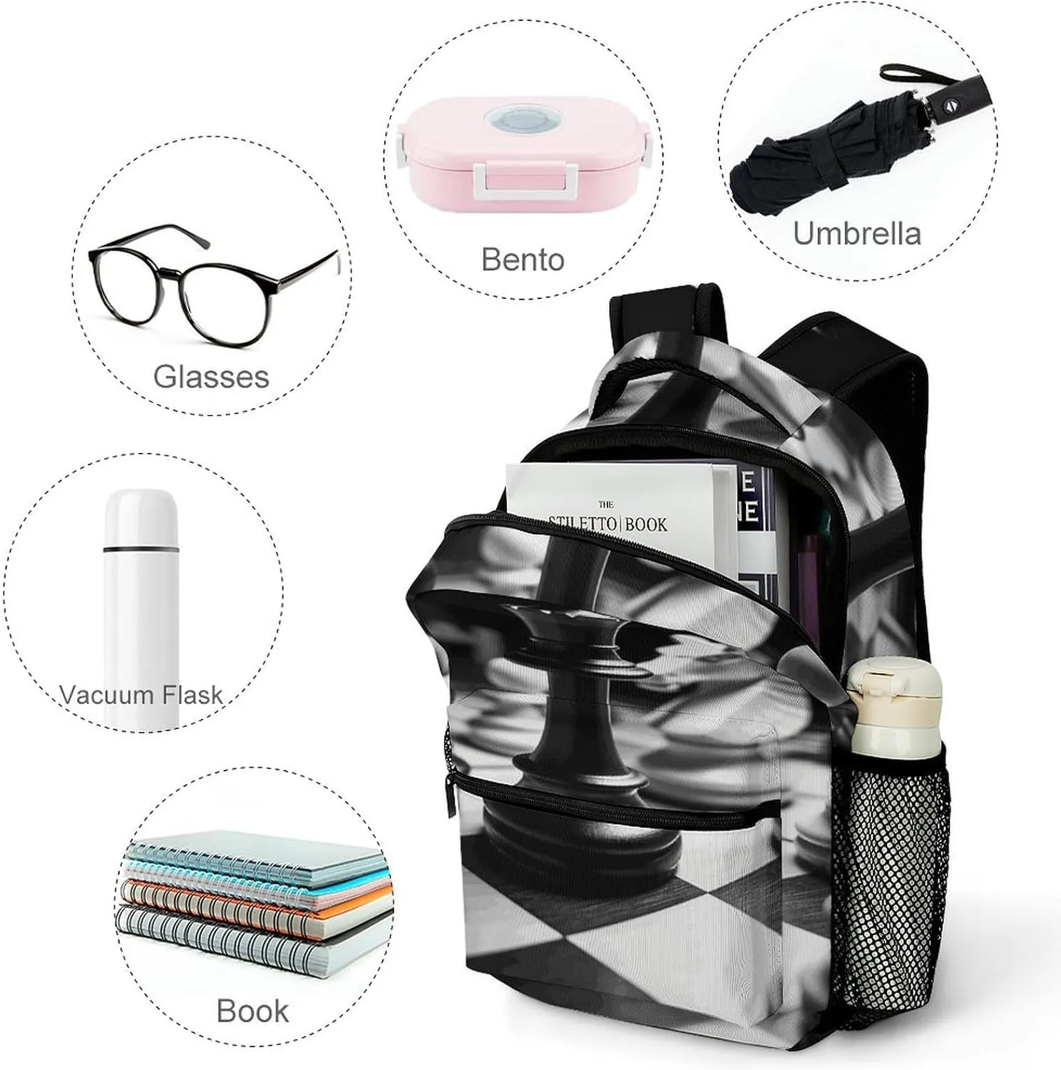 Small Backpacks Personalized Black And White Chess Printing Travel Bag Lightweight Travel Backpack For Women Men