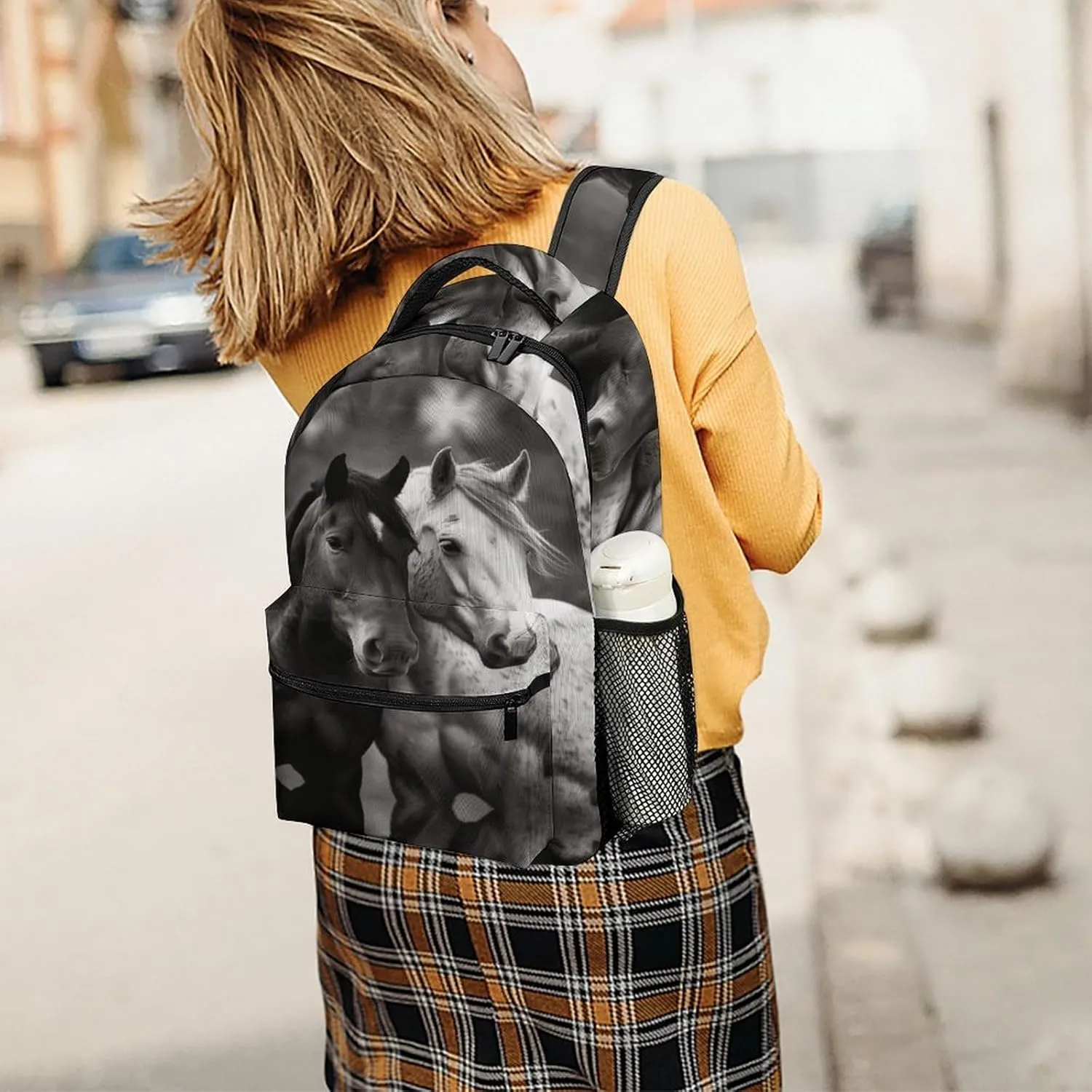 Small Backpacks Personalized Black And White Horses Printing Travel Bag Lightweight Travel Backpack For Women Men