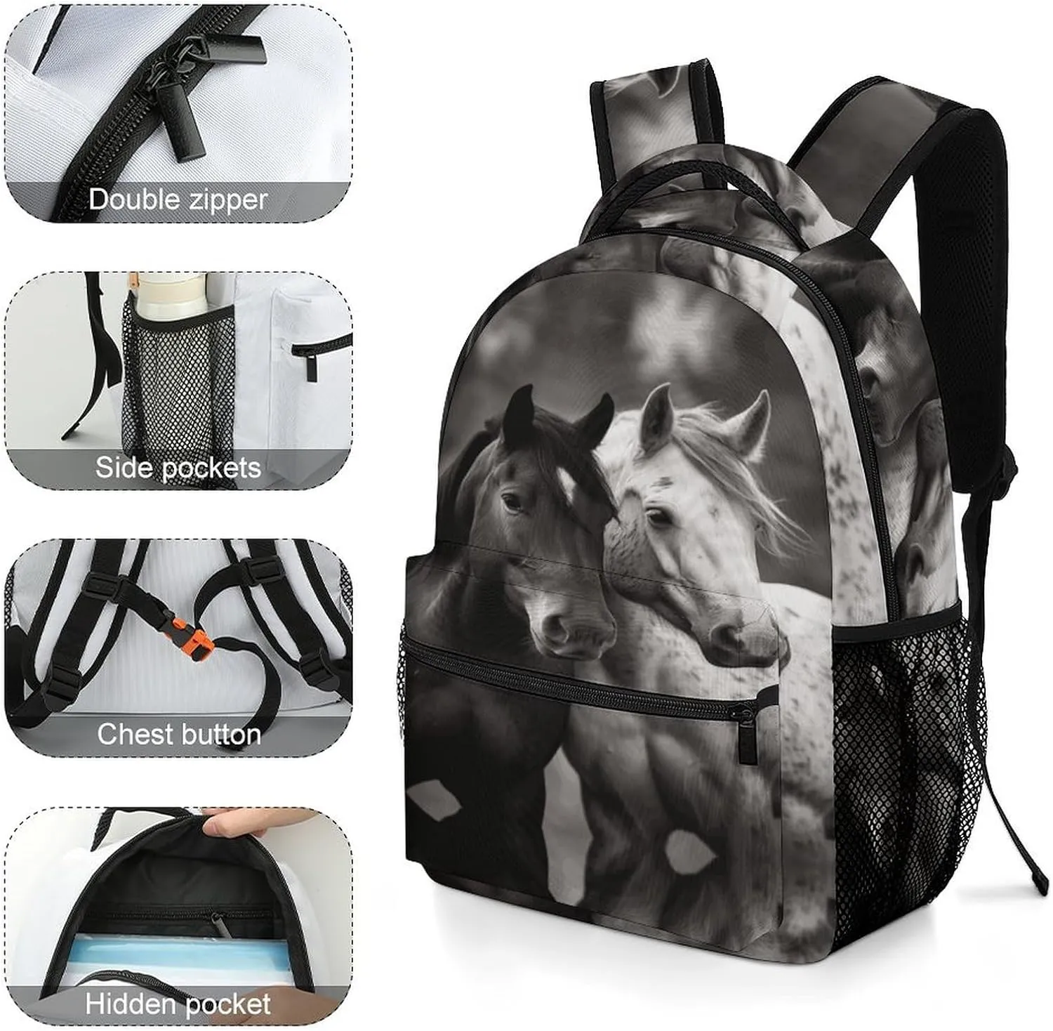Small Backpacks Personalized Black And White Horses Printing Travel Bag Lightweight Travel Backpack For Women Men