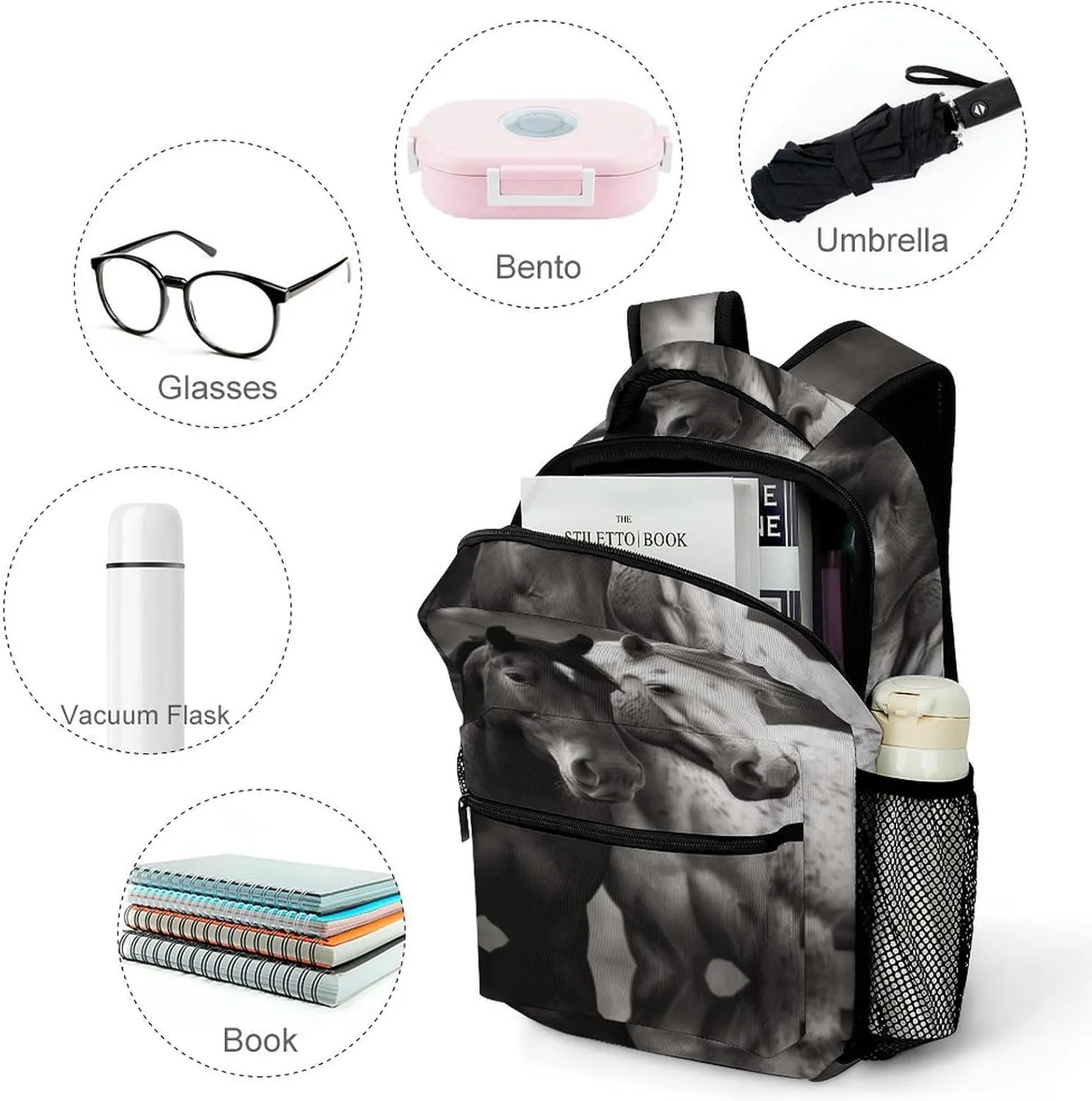 Small Backpacks Personalized Black And White Horses Printing Travel Bag Lightweight Travel Backpack For Women Men