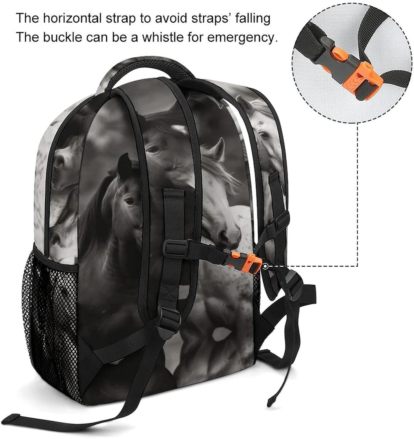 Small Backpacks Personalized Black And White Horses Printing Travel Bag Lightweight Travel Backpack For Women Men