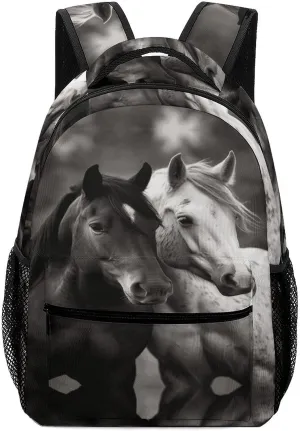 Small Backpacks Personalized Black And White Horses Printing Travel Bag Lightweight Travel Backpack For Women Men