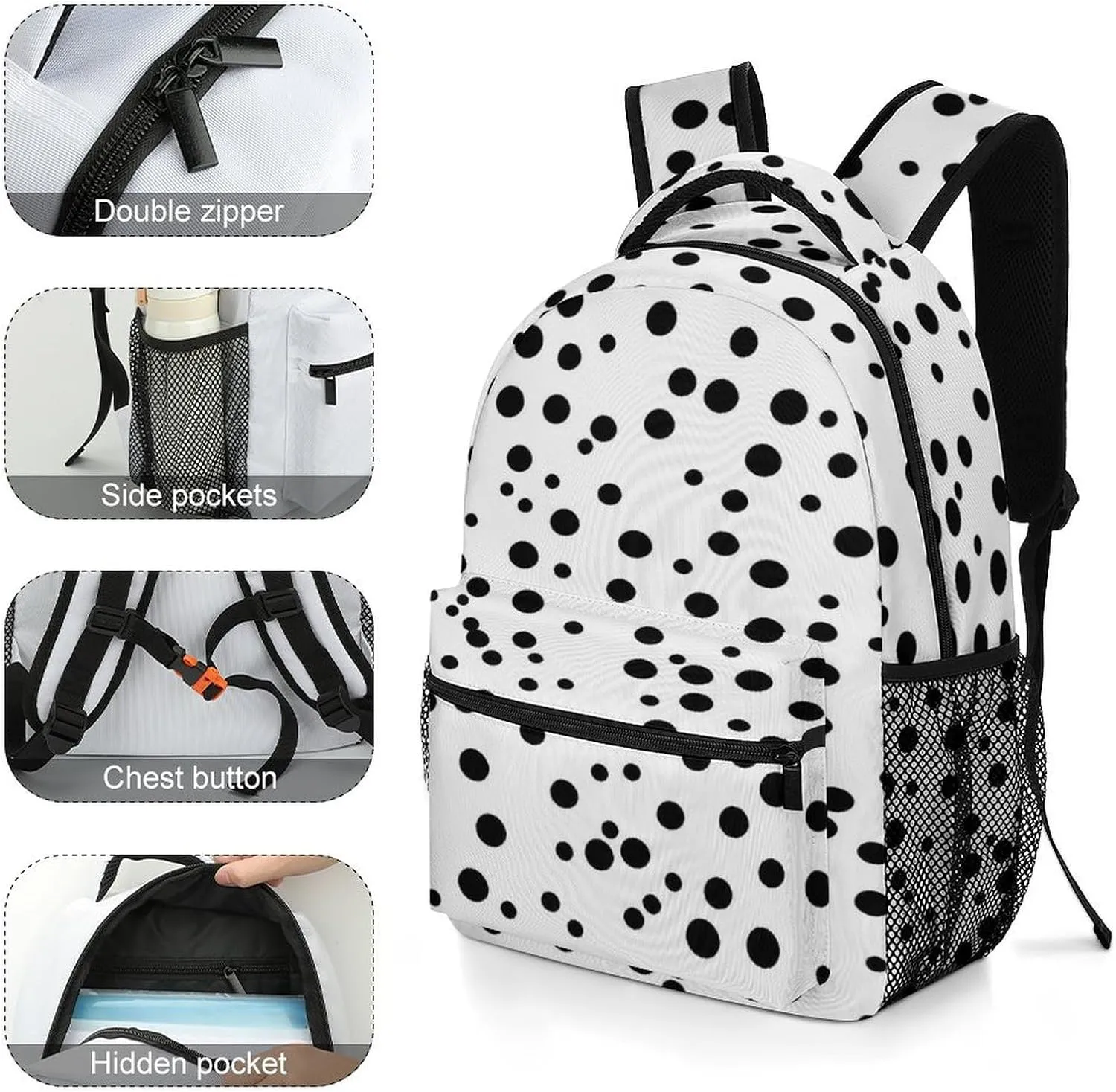 Small Backpacks Personalized Black And White Polka Dot Printing Travel Bag Lightweight Travel Backpack For Women Men