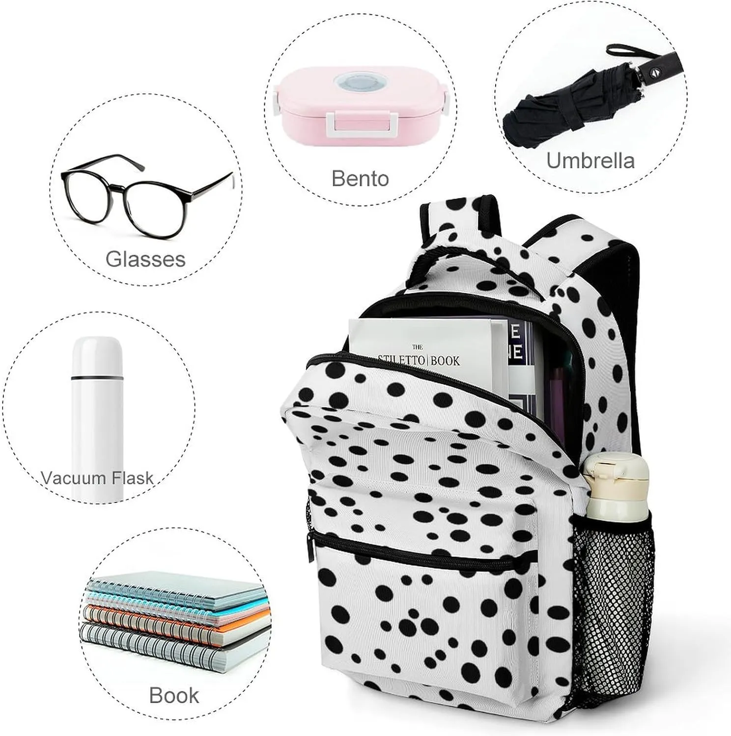 Small Backpacks Personalized Black And White Polka Dot Printing Travel Bag Lightweight Travel Backpack For Women Men