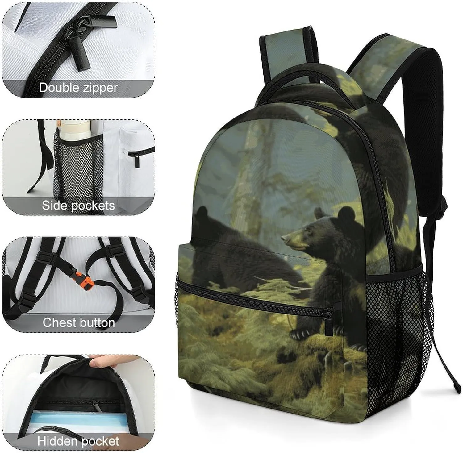 Small Backpacks Personalized Black Bears Printing Travel Bag Lightweight Travel Backpack For Women Men