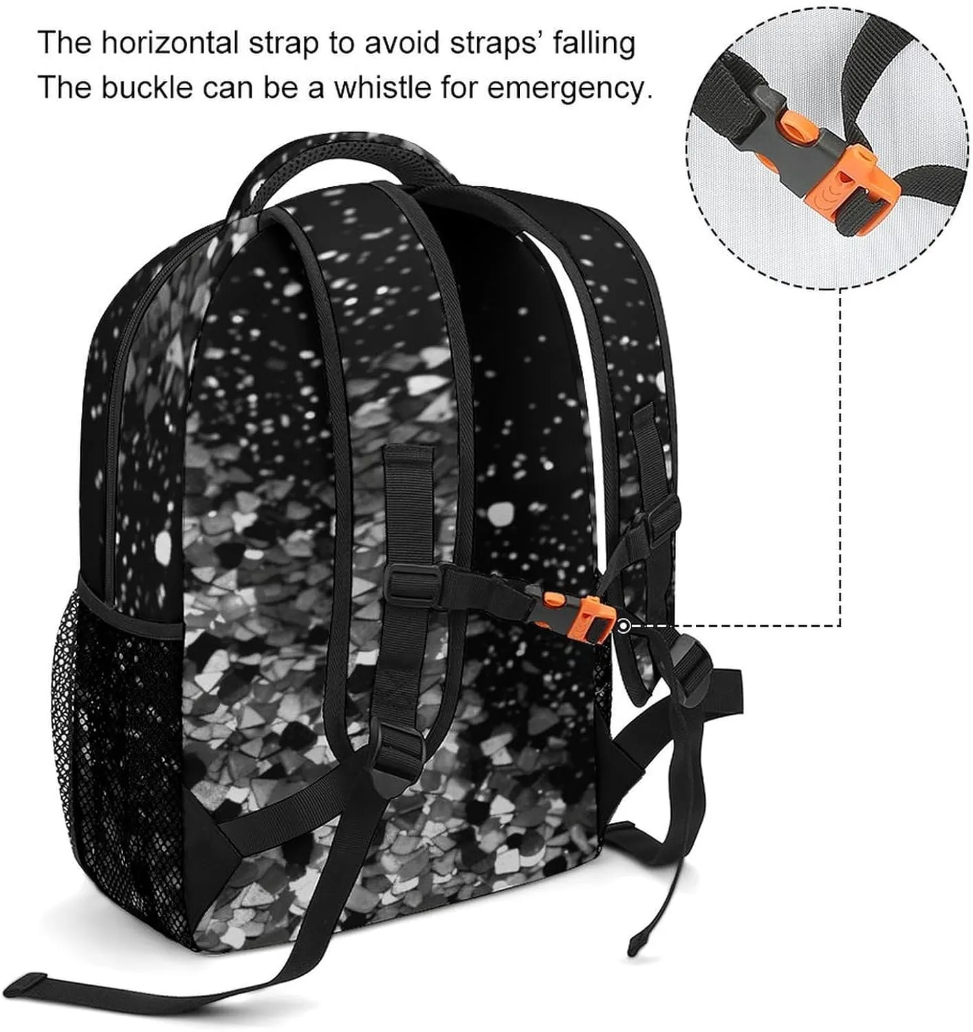 Small Backpacks Personalized Black White Glitter Printing Travel Bag Lightweight Travel Backpack For Women Men