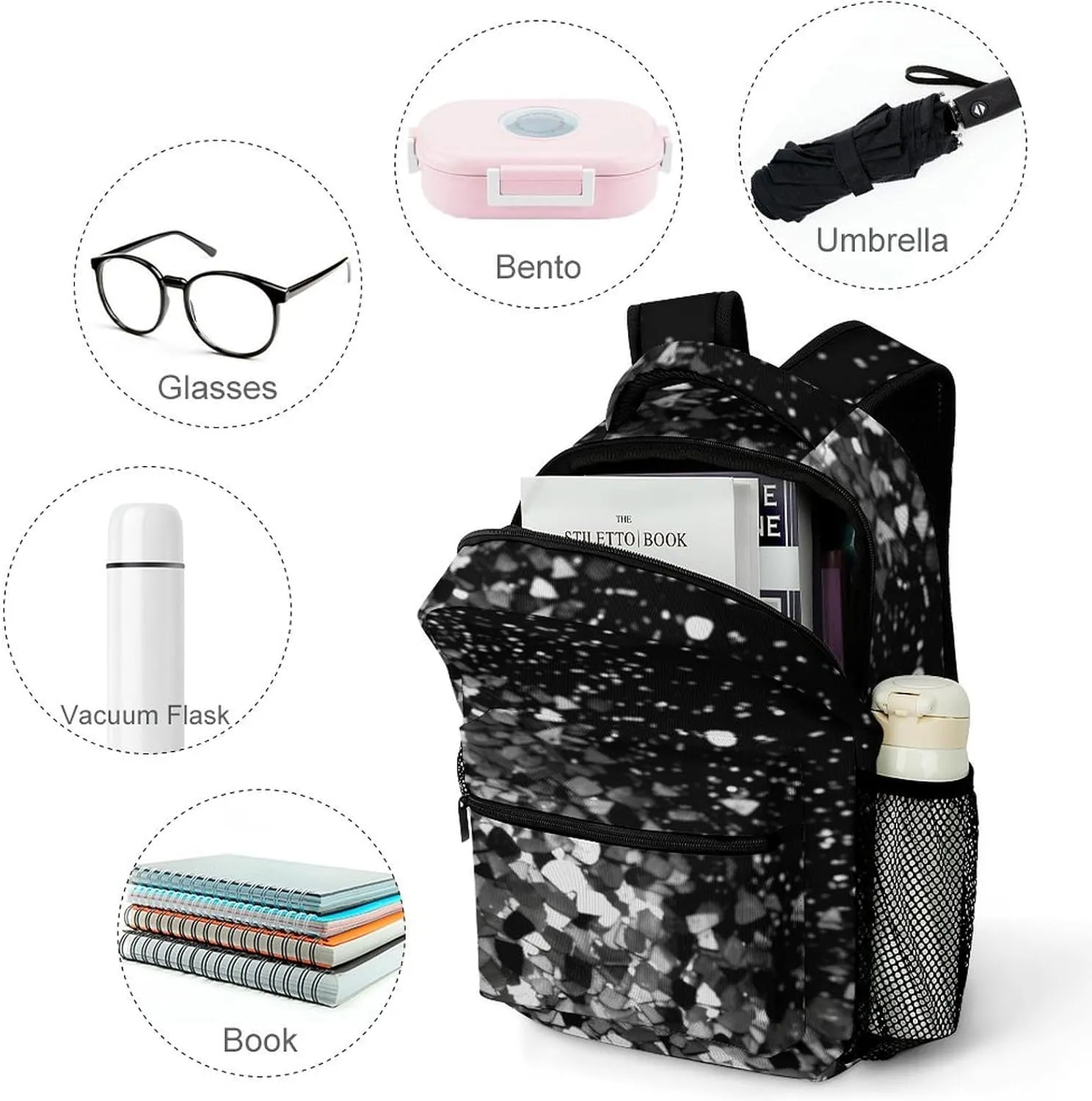 Small Backpacks Personalized Black White Glitter Printing Travel Bag Lightweight Travel Backpack For Women Men