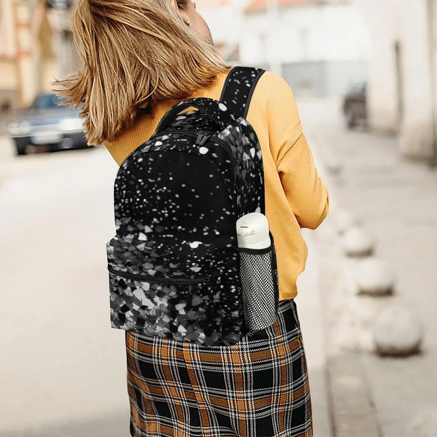 Small Backpacks Personalized Black White Glitter Printing Travel Bag Lightweight Travel Backpack For Women Men