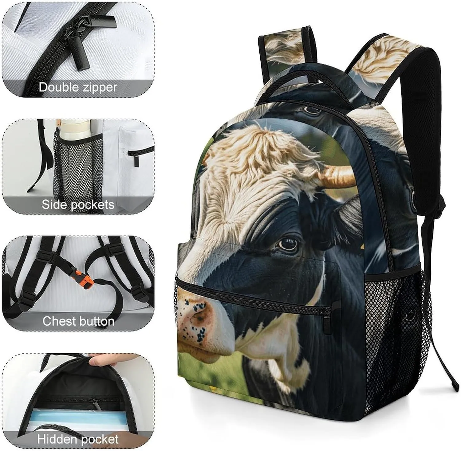 Small Backpacks Personalized Black White Milk Cow Printing Travel Bag Lightweight Travel Backpack For Women Men