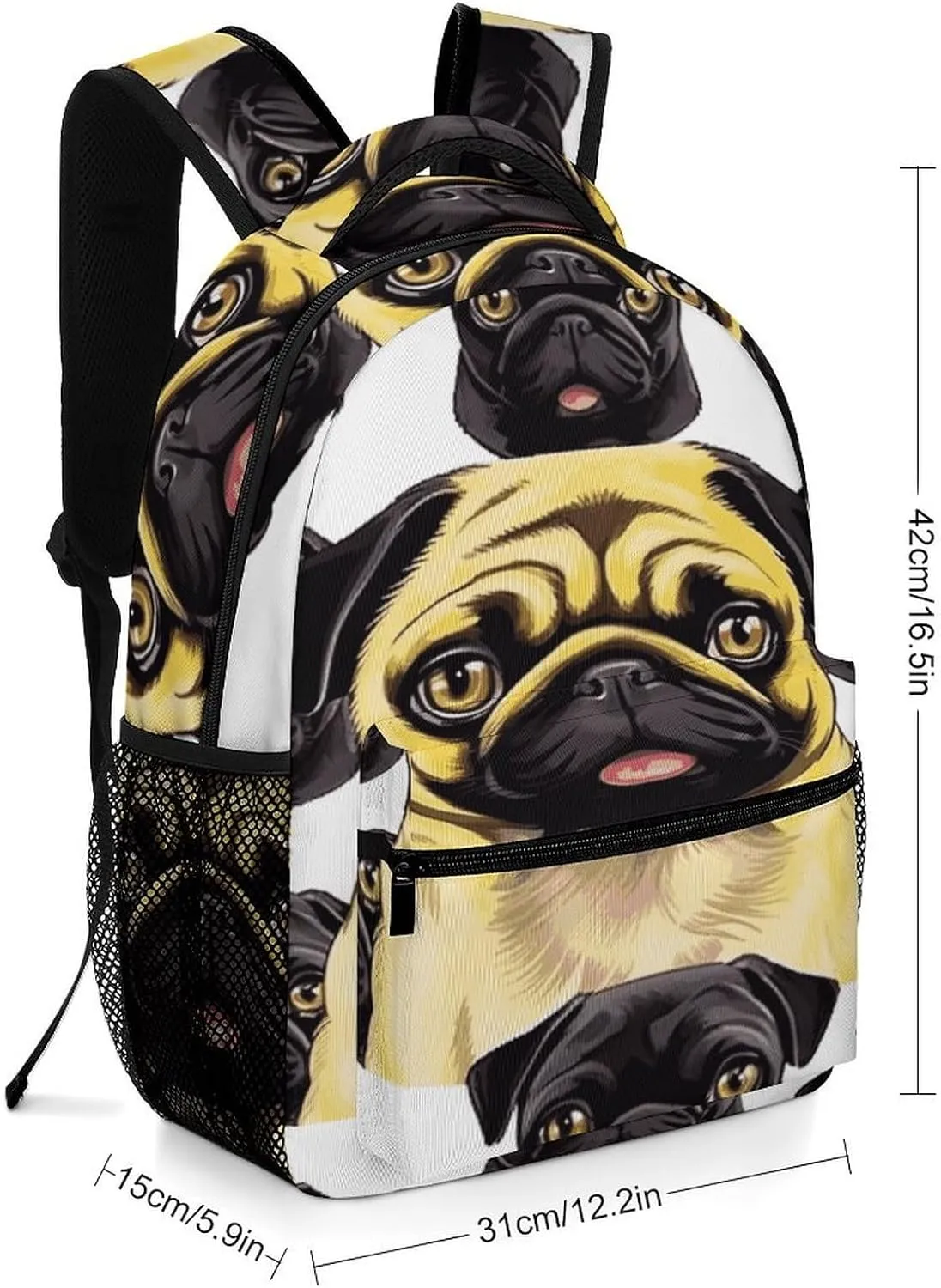 Small Backpacks Personalized Black Yellow Pug Printing Travel Bag Lightweight Travel Backpack For Women Men