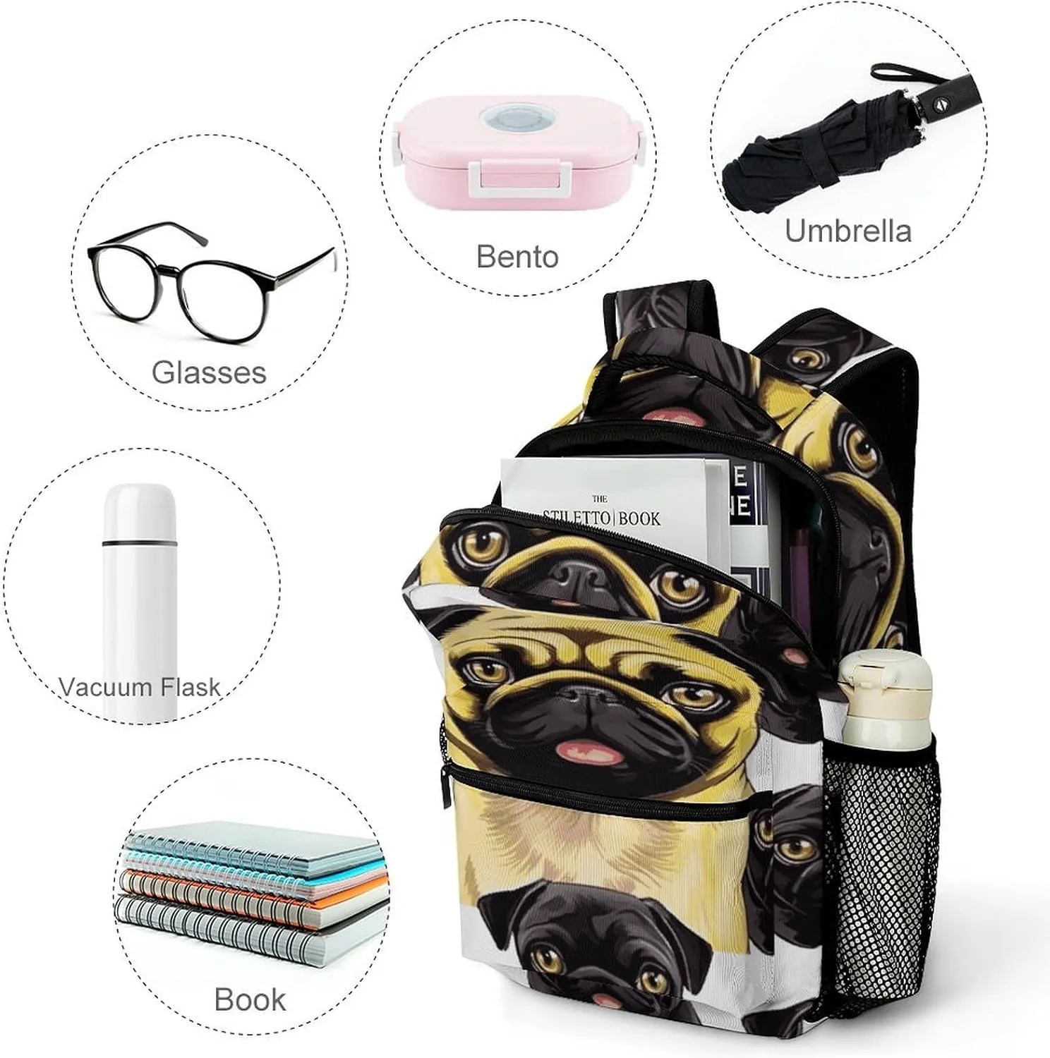 Small Backpacks Personalized Black Yellow Pug Printing Travel Bag Lightweight Travel Backpack For Women Men