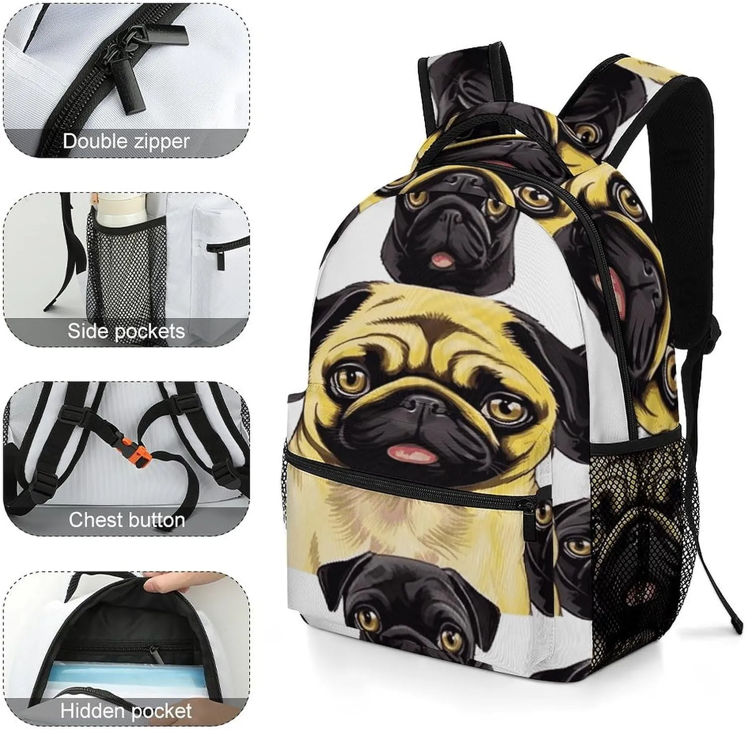Small Backpacks Personalized Black Yellow Pug Printing Travel Bag Lightweight Travel Backpack For Women Men