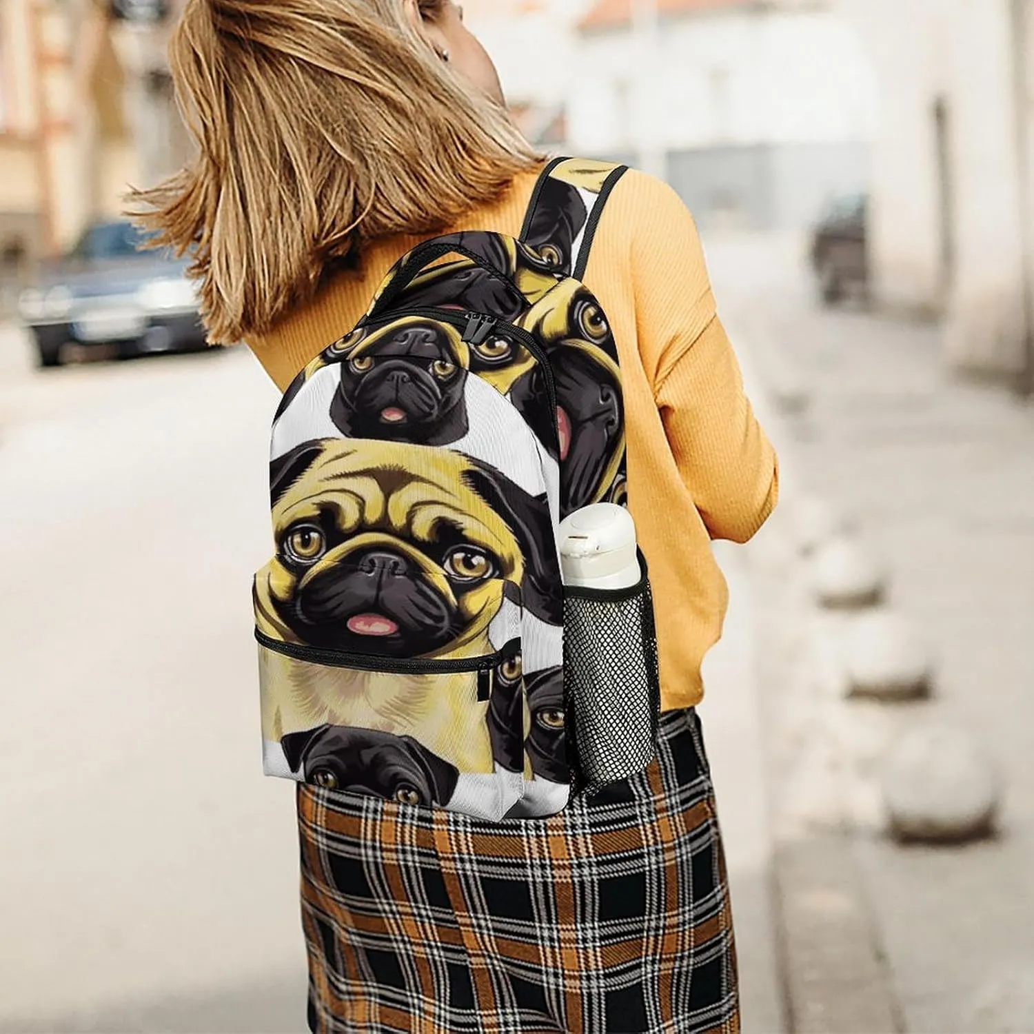 Small Backpacks Personalized Black Yellow Pug Printing Travel Bag Lightweight Travel Backpack For Women Men