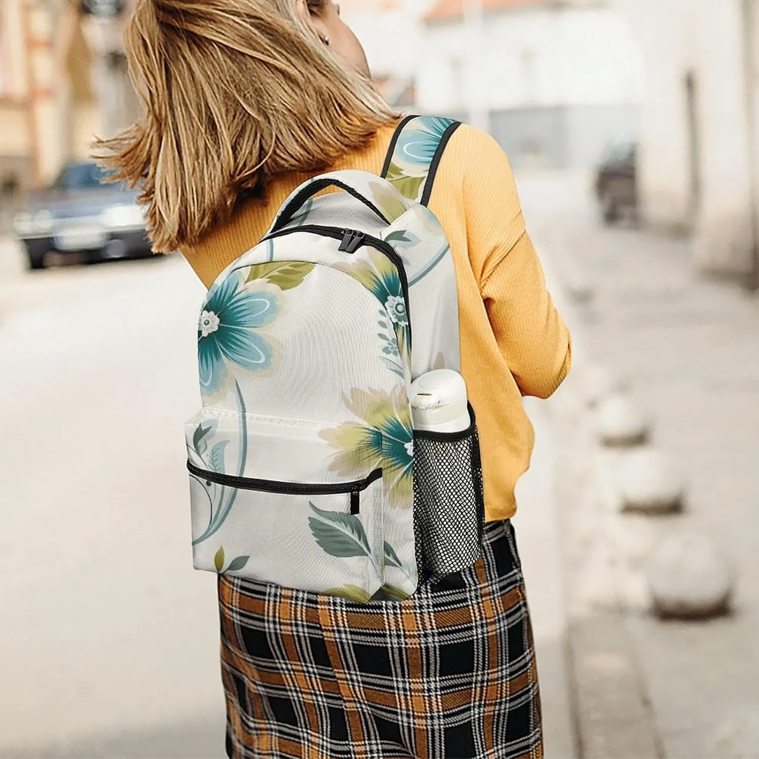 Small Backpacks Personalized Blue And Green Flowers Printing Travel Bag Lightweight Travel Backpack For Women Men