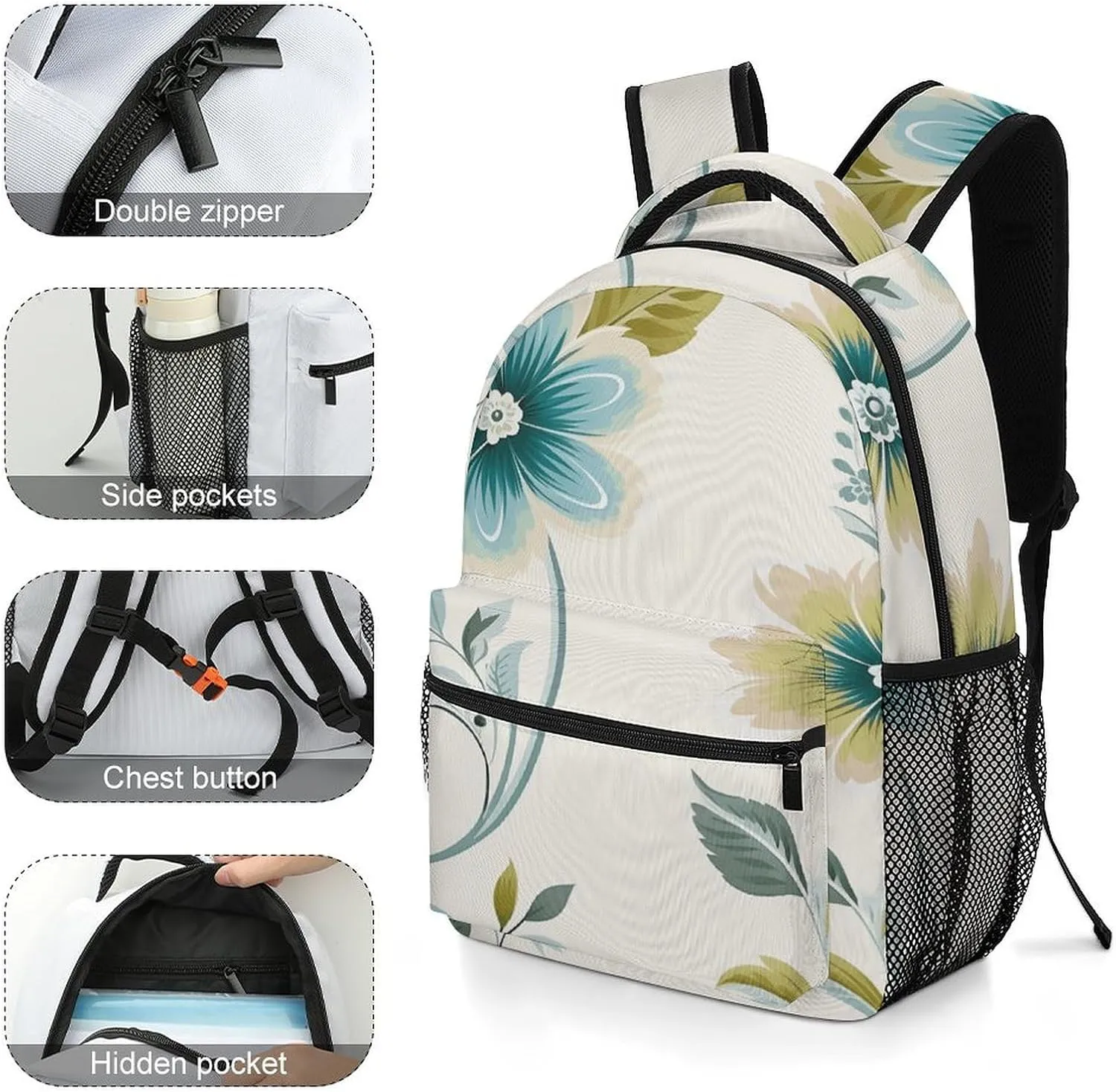 Small Backpacks Personalized Blue And Green Flowers Printing Travel Bag Lightweight Travel Backpack For Women Men
