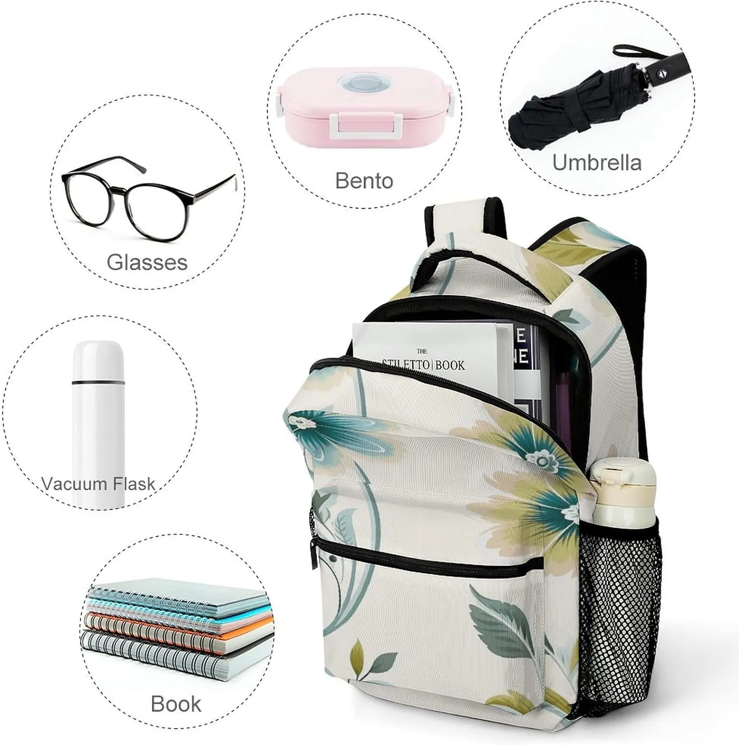 Small Backpacks Personalized Blue And Green Flowers Printing Travel Bag Lightweight Travel Backpack For Women Men