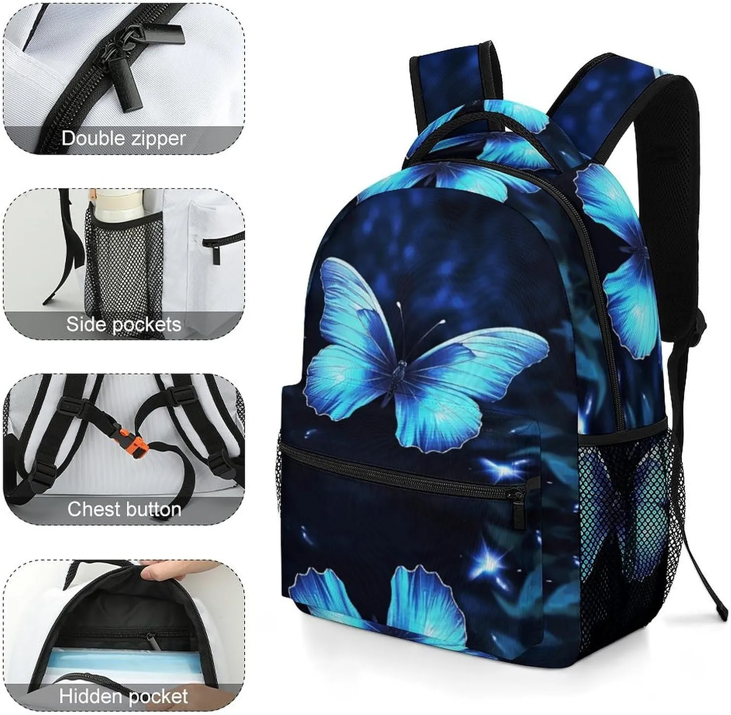 Small Backpacks Personalized Blue Butterfly Printing Travel Bag Lightweight Travel Backpack For Women Men