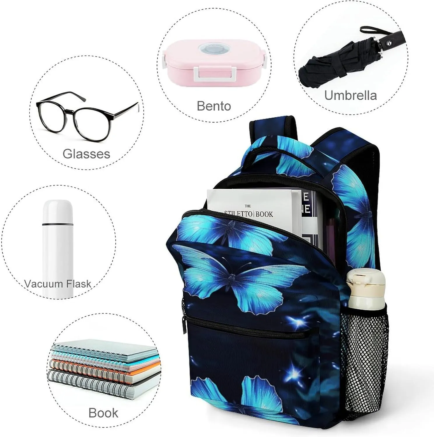 Small Backpacks Personalized Blue Butterfly Printing Travel Bag Lightweight Travel Backpack For Women Men